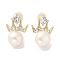 Natural Pearl Ear Studs, with Brass Micro Pave Clear Cubic Zirconia Findings and 925 Sterling Silver Pins, Round, Real 14K Gold Plated, 16x10.5mm