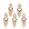 Golden Tone Brass Links Connectors, with Glass, Rhombus, Pearl Pink, 16x6.5x3.5mm, Hole: 1mm