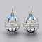 Rack Plating Brass Cage Pendants, Nickel Free, For Chime Ball Pendant Necklaces Making, with Enamel and Iron Jump Rings, Hollow Round with Flower, Silver Color Plated, 21.5x18x20.5mm, Hole: 4mm, inner measure: 15.5mm