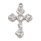 304 Stainless Steel Pendant Cabochons Settings, Cross with Rose Charm, Stainless Steel Color, Tray: 3x4mm, 31x20.5x2.5mm, Hole: 2mm