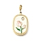 Oval with Flower 304 Stainless Steel Enamel & Rhinestone Pendant Decorations, with Spring Ring Clasps, Ion Plating(IP), Real 18K Gold Plated, 30mm, Hole: 2.5mm