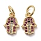 Brass Micro Pave Colorful Cubic Zirconia Charms, with Jump Rings, Hamsa Hand/Hand of Fatima/Hand of Miriam, Golden, 10x7x1.5mm, Hole: 3mm