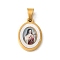 Ion Plating(IP) 304 Stainless Steel Pendants, with Pave Shell, Oval with Saint Charm, Golden, Light Steel Blue, 21x14x3mm, Hole: 6x3mm