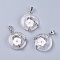 Natural Quartz Crystal Pendants, Rock Crystal Pendants, with Shell, Rhinestone and Platinum Tone Brass Findings, Flat Round with Flower, 35.5~36x28x8mm, Hole: 5x8mm