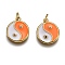 Brass Micro Pave Clear Cubic Zirconia Pendants, with Enamel & Jump Rings, Flat Round with Yin Yang, Real 18K Gold Plated, Orange, 15x12.5x2mm, Jump Ring: 5x1mm, 3mm Inner Diameter