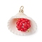 Clam Shell & Glass Seed Beaded Pendants, with Brass Beads, Shell Shaped Charms, Real 18K Gold Plated, Red, 28x27x15mm, Hole: 2.5x2mm