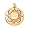 Brass Micro Pave Deep Pink Cubic Zirconia Pendants, Flat Round with Flower Charms, Lead Free & Cadmium Free, Long-Lasting Plated, Rack Plating, Real 18K Gold Plated, 33.5x30.5x4.5mm, Hole: 5x4mm
