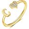 Adjustable Brass Rhinestone Cuff Rings, Letter & Heart, Golden, Letter C, Inner Diameter: 15~20mm