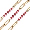 304 Stainless Steel Paperclip Chains, Ion Plating(IP), with Glass Beads, Real 18K Gold Plated, Soldered, with Spool, Red, 12x4x1mm, about 32.81 Feet(10m)/Roll
