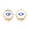 Brass Pave Natural Shell Hexagon Connector Charms, Cadmium Free & Nickel Free & Lead Free, Dodger Blue Enamel Evil Eye Links, Real 18K Gold Plated, 14.5x17x3mm, Hole: 1.2mm