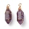 Natural Amethyst Pointed Pendants, with Real 18K Gold Plated Eco-Friendly Copper Findings, Bullet, 27x9mm, Hole: 1.8mm