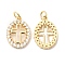 Brass Micro Pave Clear Cubic Zirconia Pendants, Cadmium Free & Lead Free, with Jump Ring, Oval with Cross Charms, Real 16K Gold Plated, 17.5x12.5x2.5mm, Hole: 3.5mm