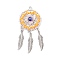 Handmade Glass Seed Beads Pendants, Alloy Woven Net with Feather, with ABS Plastic Imitation Pearl, Gold, 60.5x28.5x8mm, Hole: 2mm