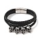 Braided Microfiber Leather Multi-strand Bracelets, Viking 304 Stainless Steel Skull Bracelets for Men, Antique Silver & Stainless Steel Color, 8-1/2x1-3/8 inch(21.5x3.5cm)