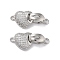 Brass Micro Pave Cubic Zirconia Fold Over Clasps, Cadmium Free & Nickel Free & Lead Free, Heart, Real Platinum Plated, 9x20x5mm, Hole: 1.5mm