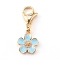 Zinc Alloy Enamel Pendants, with Golden 304 Stainless Steel Lobster Claw Clasps, Flower, Light Sky Blue, 31mm, Flower: 15.5x13x2.5mm