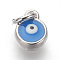 Brass Enamel Charms, Lead Free & Cadmium Free, Flat Round with Evil Eye, Deep Sky Blue, Platinum, 8x6x3mm, Hole: 3mm