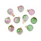 Two Tone Transparent Spray Painted Glass Pendants, with Light Gold Plated Brass Loop, Frosted, with Glitter Powder, Round, Violet, 12x8mm, Hole: 2mm