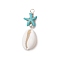 Cowrie Shell & Synthetic Turquoise Starfish Pendants, Shell Shape Charms with Brass Beads, Turquoise Color, Silver, 42x14x7mm, Hole: 2.5mm