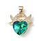 Real 18K Gold Plated Rack Plating Brass Micro Pave Cubic Zirconia Pendants, with Glass, Long-Lasting Plated, Cadmium Free & Lead Free, Two Birds with Heart, Green, 21x20x8mm, Hole: 5x3mm