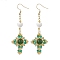 Natural Mixed Stone & Glass Seed Beads Dangle Earrings for Women, Cross, Golden, Green, 76x27mm