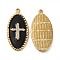PVD Vacuum Plating 201 Stainless Steel Enamel Pendants, with Rhinestones, Real 18K Gold Plated, Oval with Cross Charm, Black, 33x16.5x2.5mm, Hole: 1.2mm