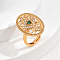Brass Micro Pave Cubic Zirconia Hollow Geometric Adjustable Finger Rings, Oval with Flower Pattern, Green, 26x18mm, Inner Diameter: Adjustable
