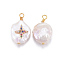 Natural Cultured Freshwater Pearl Pendants, with Brass Cubic Zirconia Findings, Nuggets with Cross, Golden, Colorful, 17~26x11~16x5~11mm, Hole: 1.6~2mm