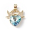 Real 18K Gold Plated Rack Plating Brass Micro Pave Cubic Zirconia Pendants, with Glass, Long-Lasting Plated, Cadmium Free & Lead Free, Two Birds with Heart, Light Sky Blue, 21x20x8mm, Hole: 5x3mm
