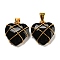 Glass Pendant, with Golden Brass & Iron Findings, Heart Charms, Black, 22.5x21.5x8mm, Hole: 7.5x4mm