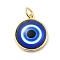 Real 18K Gold Plated Brass Pendants, with Acrylic and Jump Ring, Flat Round with Evil Eye Charms, Blue, 16x14x5.5mm, Hole: 3.4mm