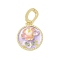 Brass Enamel Pendants, with Natural Freshwater Pearls and Brass Micro Pave Cubic Zirconia Clasp, Flat Round with Flower Charm, Lilac, 20.5x18x7.5mm, Hole: 7.5x5mm