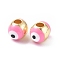 Evil Eyes Brass Enamel Beads, Cadmium Free & Lead Free, Real 18K Gold Plated, Oval, Hot Pink, 7x5.5mm, Hole: 2mm