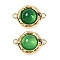 Brass Pave Natural Green Onyx Agate(Dyed & Heated) Flat Round Links Connector Charms, Real 18K Gold Plated, 18x13x5.5mm, Hole: 1.6mm