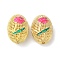 Rack Plating Brass Enamel Beads, Cadmium Free & Lead Free, Oval with Flower, Real 18K Gold Plated, Long-Lasting Plated, Hot Pink, 19.5~20x14~14.5x10.5m~11.5m, Hole: 1.6mm
