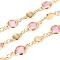 Handmade Glass Beaded Chains, with Brass Findings, Long-Lasting Plated, Soldered, with Spool, Pink, Link: 13x6.5x3mm and 8.5x4.5x1.5mm