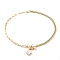 Natural Shell Hamsa Hand Pendant Necklaces, with Natural Pearl Beads, Brass Enamel Curb Chains, Brass Paperclip Chains and 304 Stainless Steel Toggle Clasps, Creamy White, Golden, 16 inch(40.5cm)