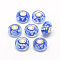 Handmade Lampwork European Beads, with Brass Single Core and Flower, Large Hole Beads, Rondelle, Platinum, Royal Blue, 14x7.5~8mm, Hole: 4.5mm