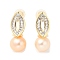Natural Pearl Ear Studs, with Brass Micro Pave Clear Cubic Zirconia Findings and 925 Sterling Silver Pins, Round, Real 14K Gold Plated, 18x7mm