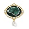 Raw Natural Malachite Pendants, Brass Emerald Rhinestone Oval Charms with Plastic Imitation Pearl Tassel, Golden, 50x40x12.5~14mm, Hole: 1.4mm
