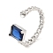 Brass with Cubic Zirconia Open Cuff Ring Components, Ring Settings, For Half-drilled Beads, Rectangle, Blue, US Size 7(17.3mm), Pin: 1mm