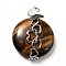 Natural Tiger Eye Pendants, Flat Round Charm, with Stainless Steel Color Tone Heart 304 Stainless Steel Findings, 39.5x30x10.5mm, Hole: 2.6mm
