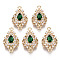 Brass Micro Pave Cubic Zirconia Links Connectors, with Glass, Long-Lasting Plated, Teardrop, Light Gold, Sea Green, 20x12x5mm, Hole: 1.4mm