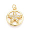 Brass Micro Pave Clear Cubic Zirconia Pendants, Cadmium Free & Lead Free, with Shell, Flat Round with Starfish, with Jump Ring, Real 18K Gold Plated, 18x15x4mm, Hole: 3.5mm