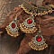 Bohemian Style Zinc Alloy & Rhinestone & Plastic Pearl Tassel Pendant Necklace & Dangle Earring, Antique Golden, Flat Round, 390mm & 60x50mm
