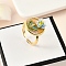 Brass Enamel Cuff Rings, with Natural Freshwater Pearl, Real 18K Gold Plated, Cadmium Free & Nickel Free & Lead Free, Flat Round with Flower, Orange, Inner Diameter: Adjustable