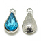 Alloy Glass Pendants, Faceted, teardrop, Platinum, Deep Sky Blue, 18x10x5mm, Hole: 2mm