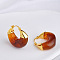 Brass Resin Hoop Earrings, Golden, Oval, Saddle Brown, 28x25mm