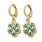 Real 18K Gold Plated Brass Dangle Leverback Earrings, with Enamel, Leaf with Evil Eye, Turquoise, 31x11.5mm