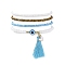 4Pcs 4 Style Glass Seed & Resin Evil Eye Beaded Stretch Bracelets Set, Alloy Enamel Heart & Tassel Charms Stackable Bracelets, Sky Blue, Inner Diameter: 2~2-1/8 inch(5.1~5.25cm), 1Pc/style